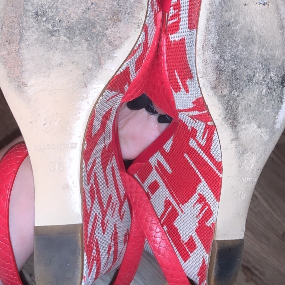 Longchamp wedges red designer printed size 7.5 boho luxury spring resort classic - Picture 4 of 5
